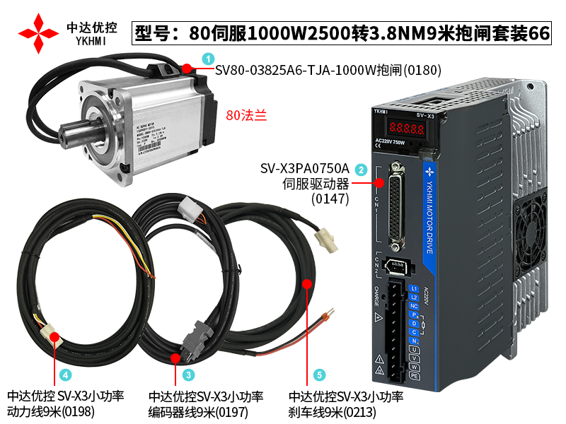 80伺服1000W2500轉3.8NM9米抱閘套裝66