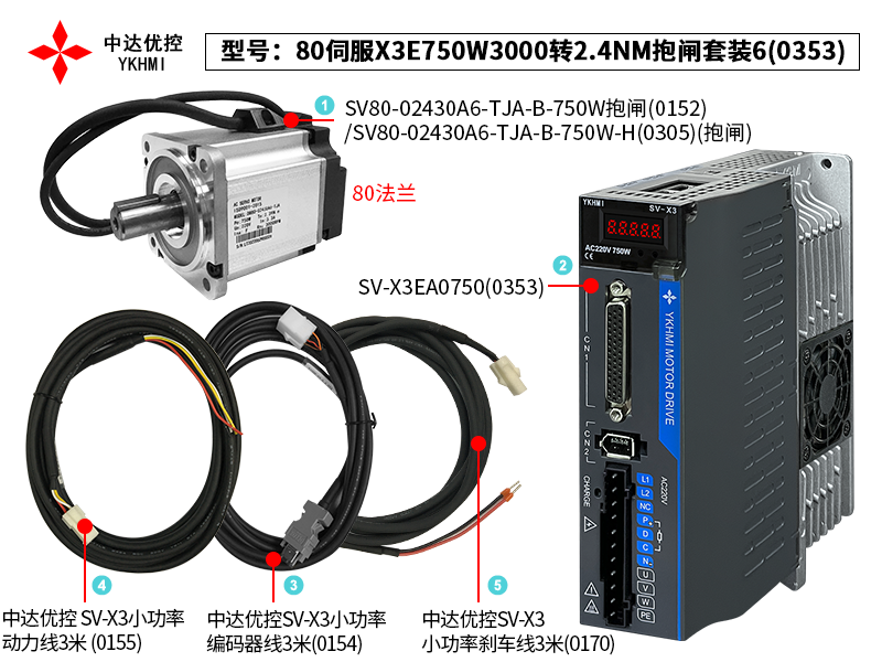 80伺服X3E750W3000轉(zhuǎn)2.4NM抱閘套裝6(0353)